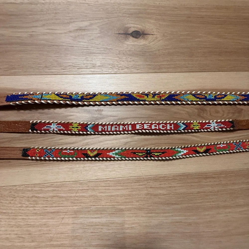Beaded Leather Belts Kids or Adult XS Brown Tan Lot of 3 Vintage Western Boho